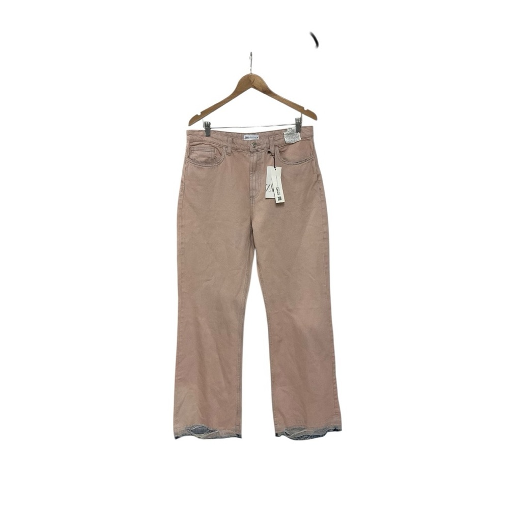 NWT Zara Jeans Womens Pink Frayed Blue Denim Hem Trim Bootcut Mid Rise US 12